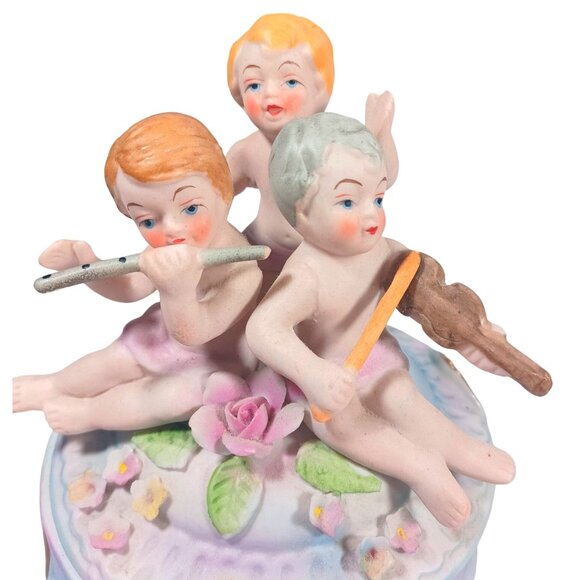 Vintage Norleans Footed Cherub Musi Porcelain Bisque Jewelry Trinket Dresser Box - Picture 5 of 13